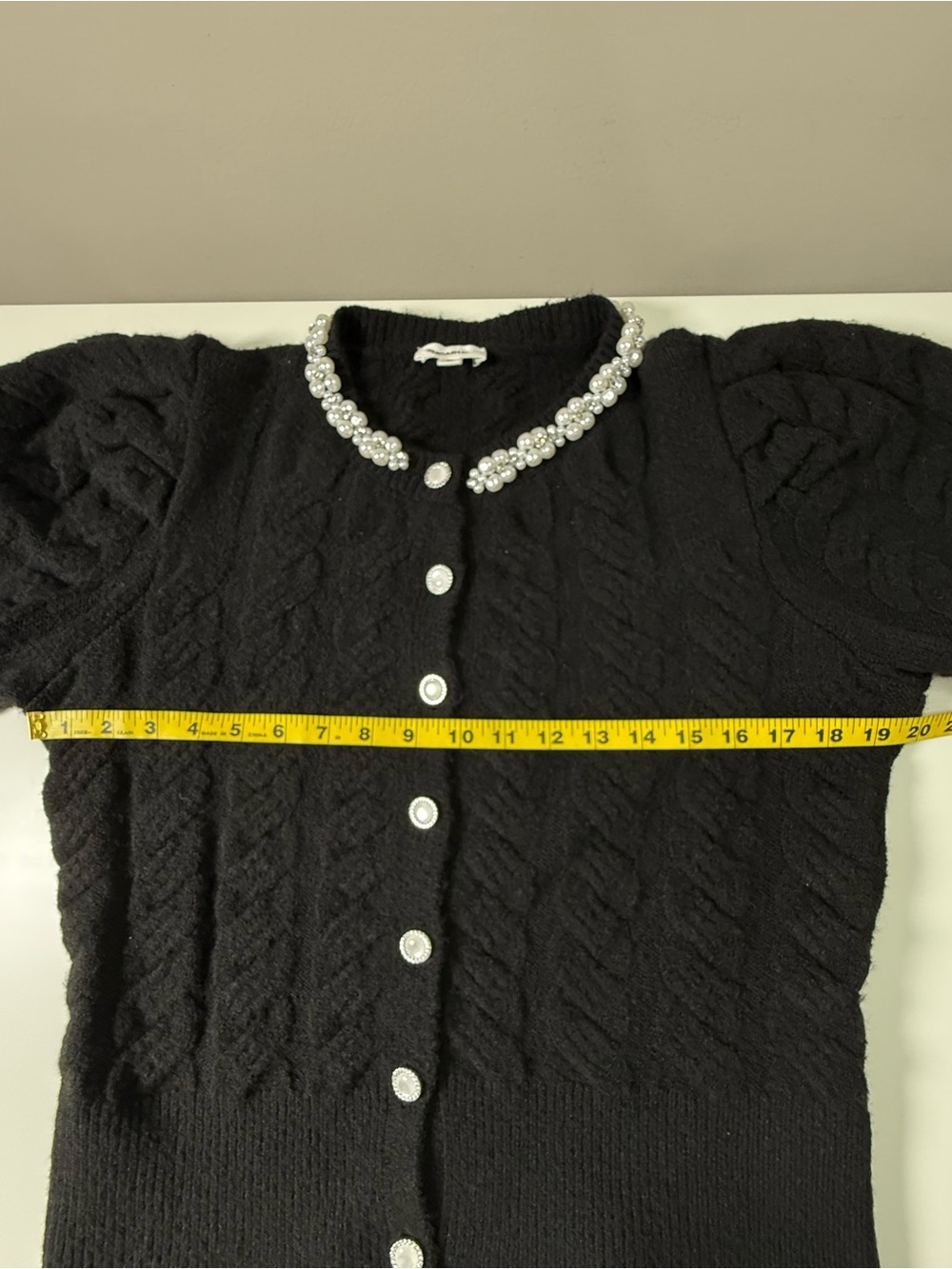 Sugarlips | Pearl Embellished Cable Puff Sleeve Knit Cardigan | Black | Size M - Picture 9 of 11